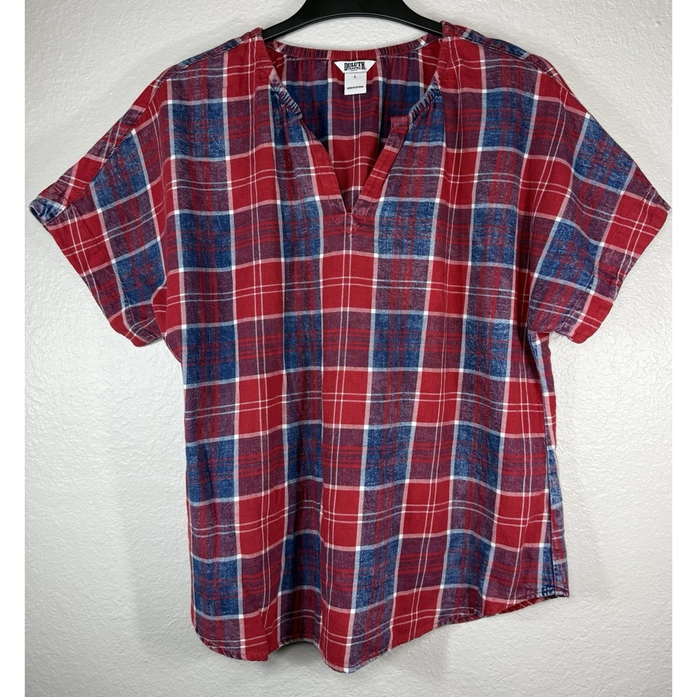 Duluth Trading Co Women's Large Blouse Red Blue Plaid V Neck Short Sleeve Top